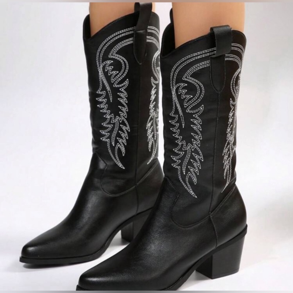 Western Boots Cowboy-Style pull-on Faux-Leather Women’s sz 9.5 Black/White NEW